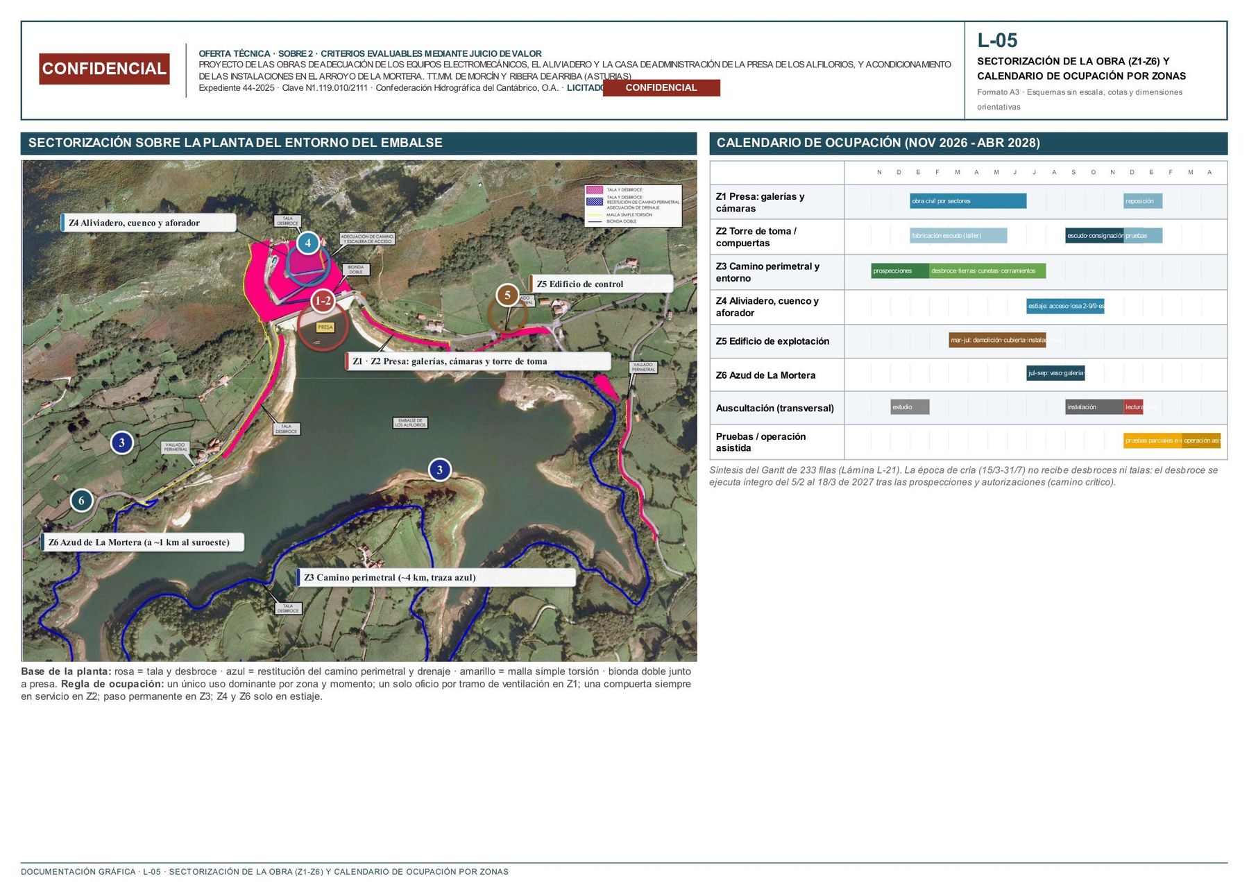 Sectorización de la obra en seis zonas sobre ortofoto del embalse, con el calendario de ocupación por zonas.