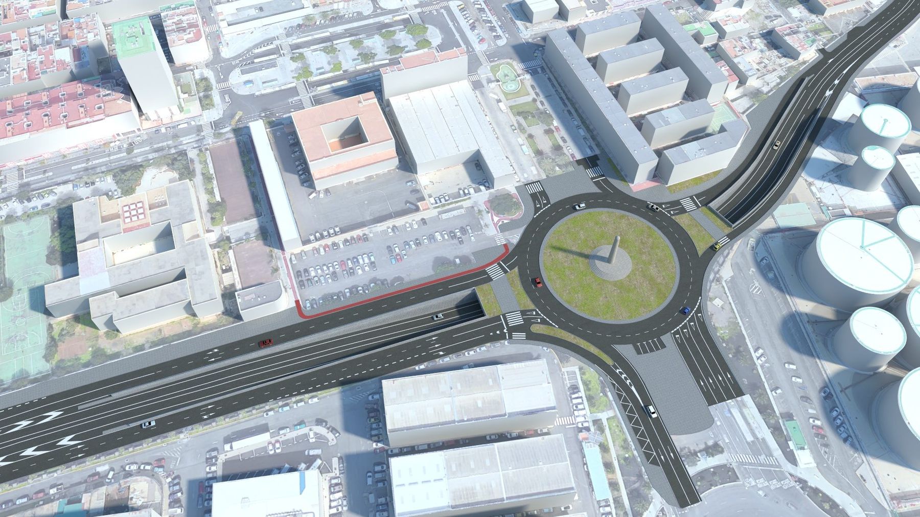 Estado final en 3D: paso inferior de la avenida marítima bajo la glorieta, con la escultura del faro repuesta.