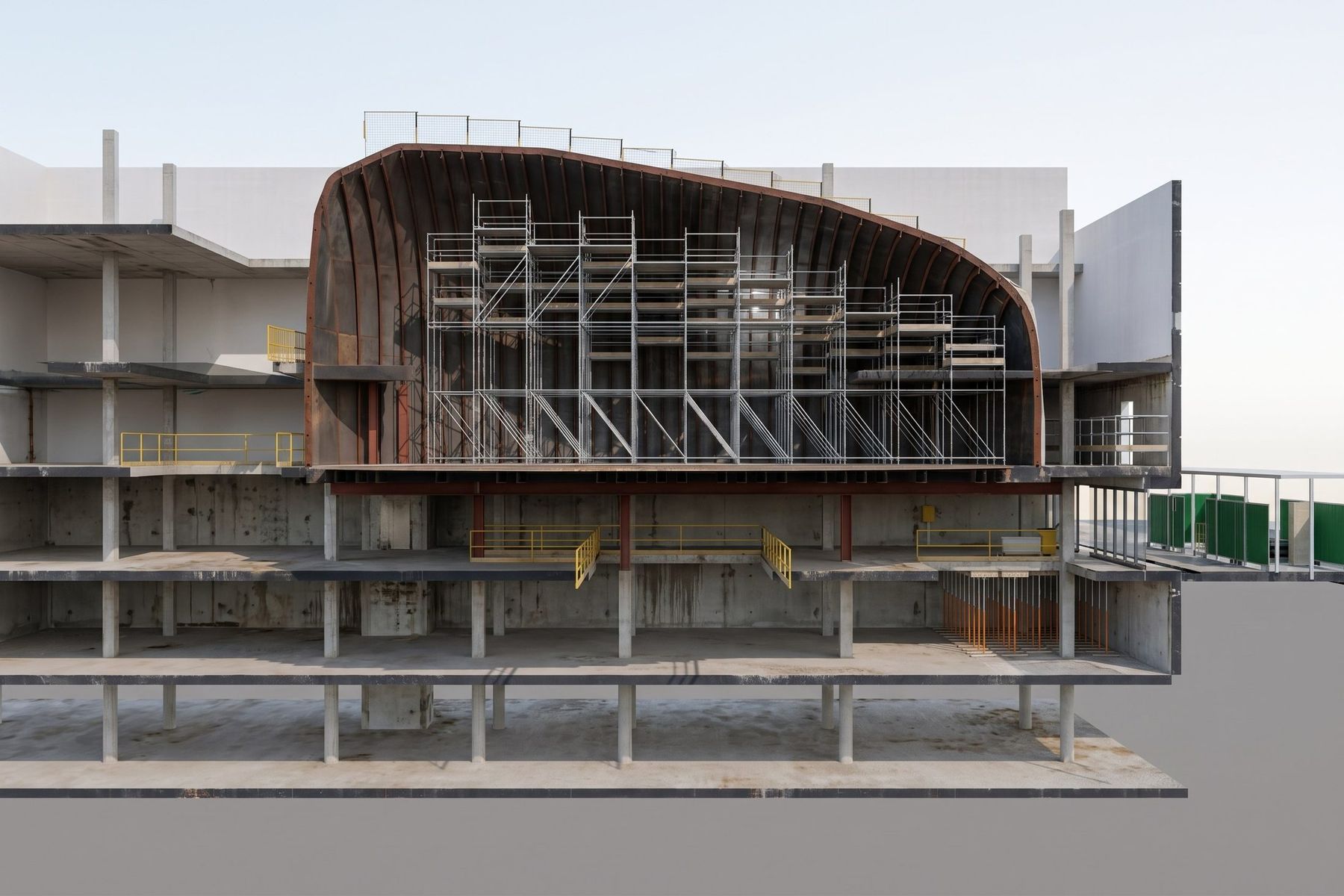 Sección 3D de la etapa E07: cáscara del ovoide sobre las costillas de corten, con el andamio interior montado sobre la platea apeada.
